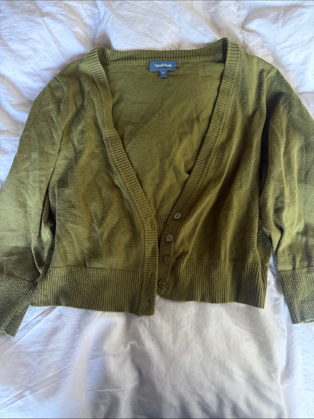 ModCloth Olive Green Cropped V-Neck Button Cardigan